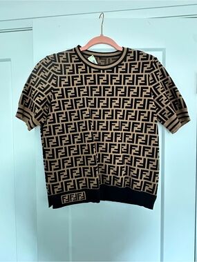 Fendi Tan and Black FF Logo Crewneck Sweater